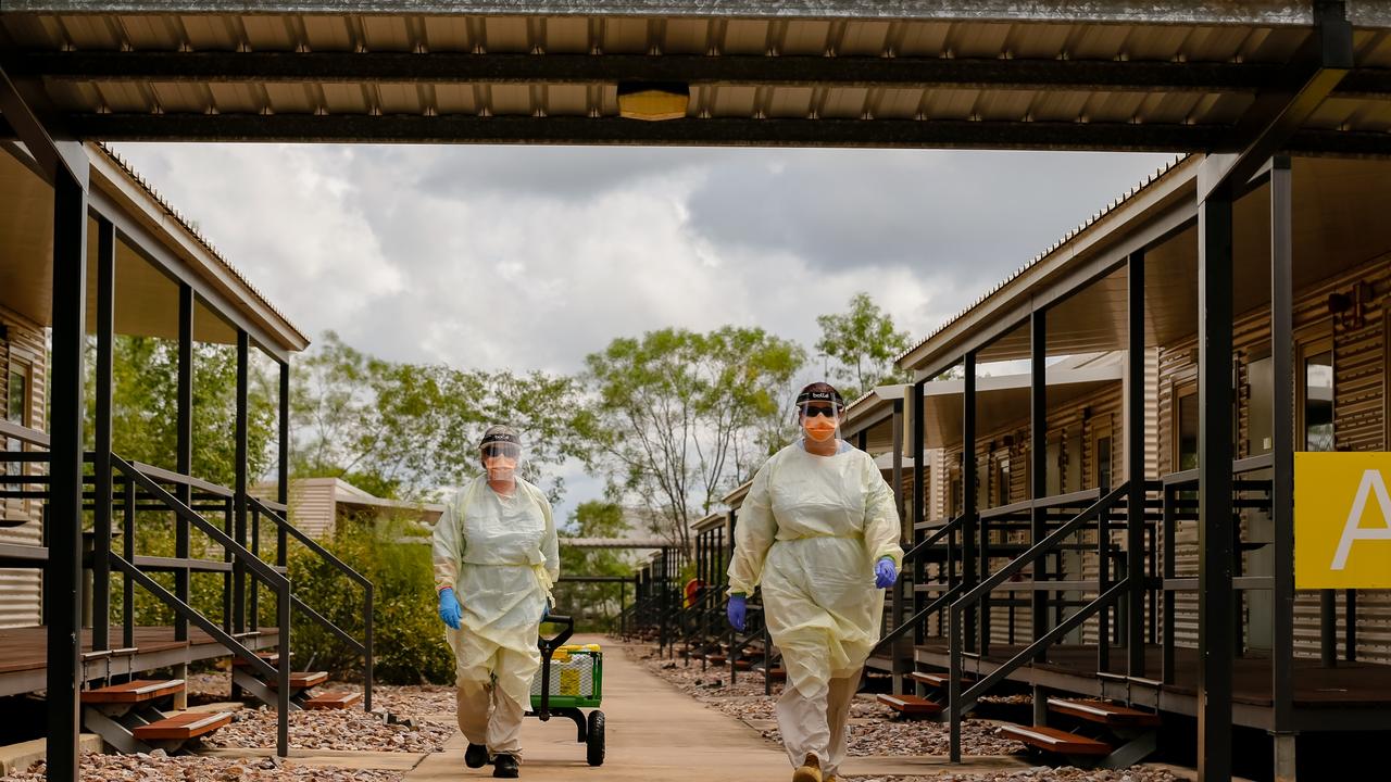 AUSMAT staff at the Howard Springs quarantine facility, which the Wellcamp facility would be modelled off. Picture: GLENN CAMPBELL via NCA NewsWire