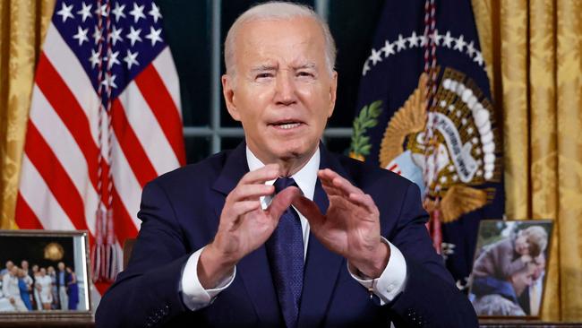 US President Joe Biden addresses the nation on the conflict between Israel and Gaza and the Russian invasion of Ukraine from the Oval Office. Picture: AFP