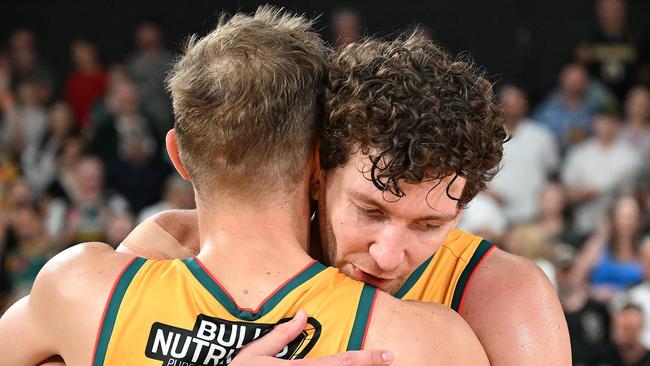 HOBART, AUSTRALIA - DECEMBER 05: Will Magnay and Anthony Drmic  of the Jackjumpers celebrate the win during the round 11 NBL match between Tasmania Jackjumpers and Cairns Taipans at MyState Bank Arena, on December 05, 2024, in Hobart, Australia. (Photo by Steve Bell/Getty Images)