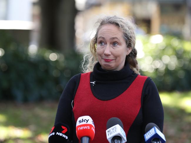 Zelda Grimshaw representing Blockade Australia protesters speak to media at Redfern Park today responding to a police announcement that illegal protesters will be arrested. Picture: David Swift