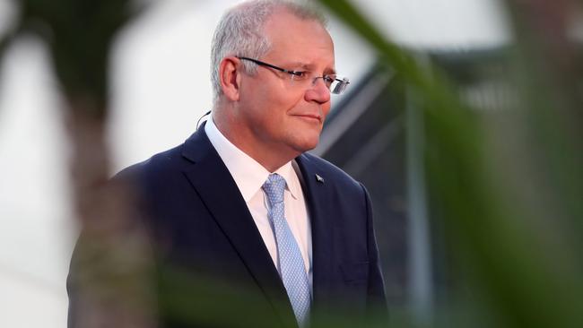 Prime Minister Scott Morrison in Adelaide during live crosses to TV networks. Picture: Gary Ramage