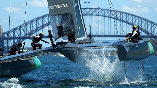 The Australian SailGP team training for the opening event on Sydney Harbour. 