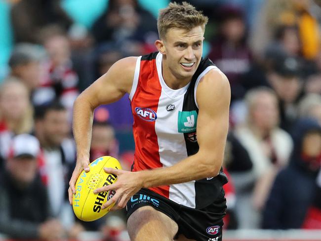 Marsh community Cup. St Kilda v Hawthorn at Moorabbin.  20/02/2020.  Dougal Howard of the Saints 2nd qtr   . Pic: Michael Klein