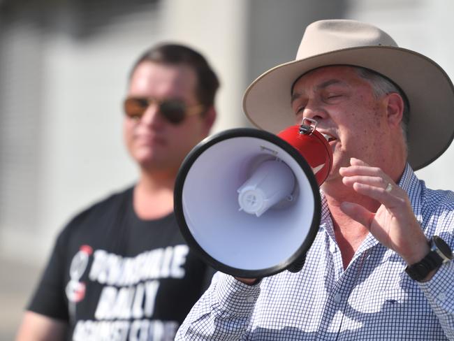 Thuringowa MP Aaron Harper at the victims of crime rally on Sunday, with Clynton Hawks in the background. Picture: Scott Radford-Chisholm