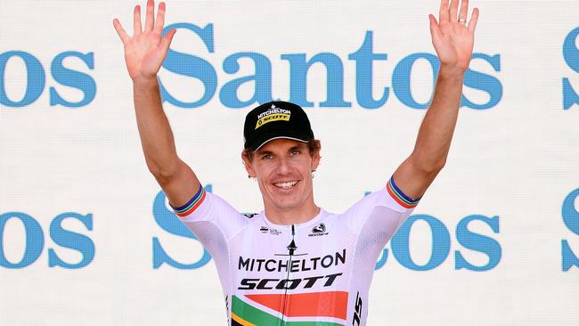 Daryl Impey of South Africa and Team Mitchelton-Scott celebrates on the podium after winning the 2019 Tour Down Under. Picture: Daniel Kalisz/Getty Images.