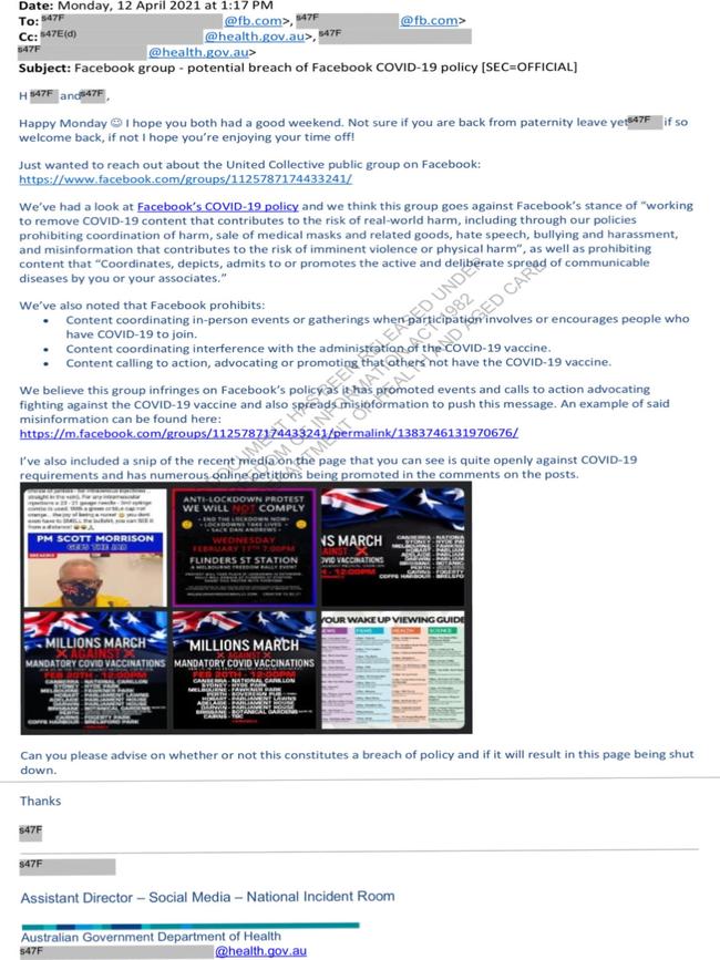 Health Department censors asked Facebook to censor a social media page that promoted protests against vaccine mandates. One of the FOI documents showing Health Department officials asking Facebook to shut down a protest page in April 12, 2021. Photo: Supplied