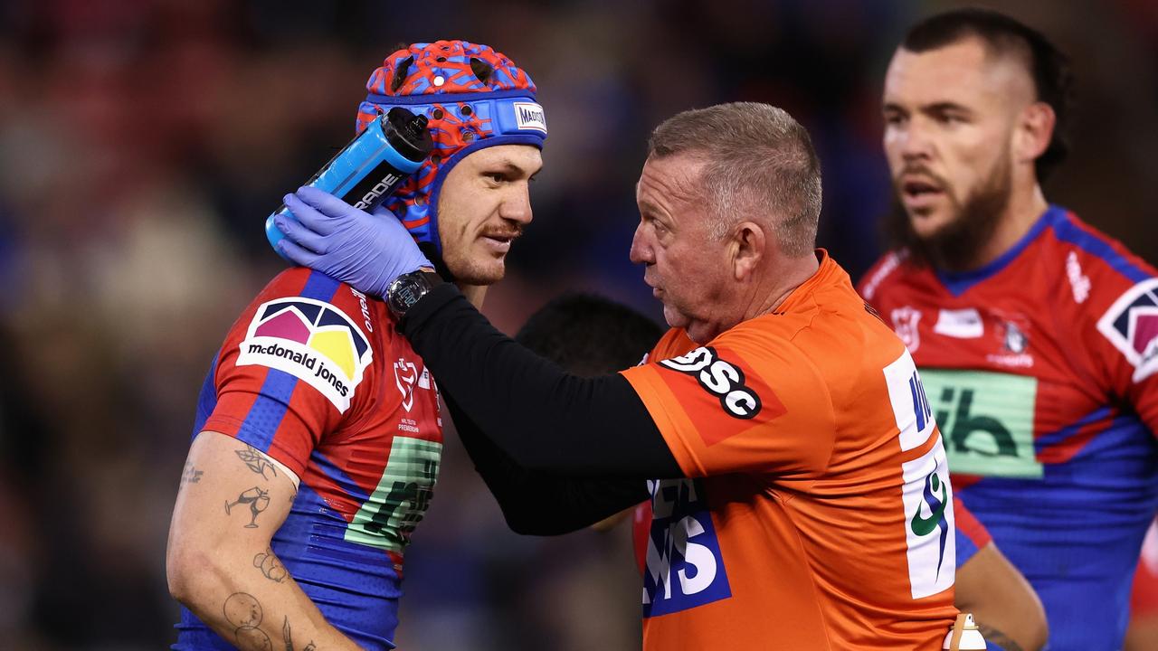 Kalyn Ponga was taken for a HIA after being assessed on field by the trainer. Picture: Matt King/Getty Images