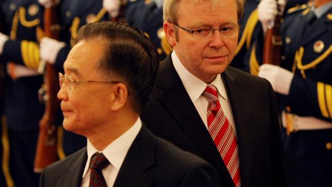 Kevin Rudd with former premier Wen Jiabao in Beijing.