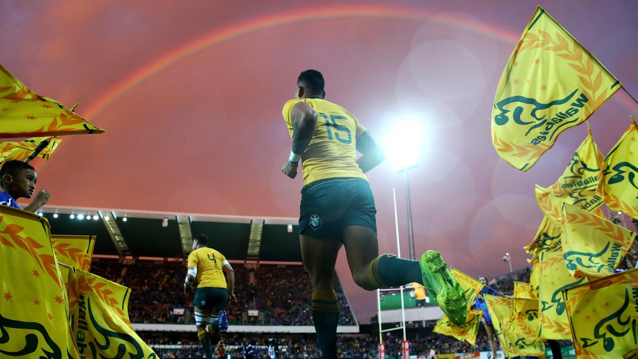 Israel Folau of the Wallabies runs on the field during a Rugby Championship match.