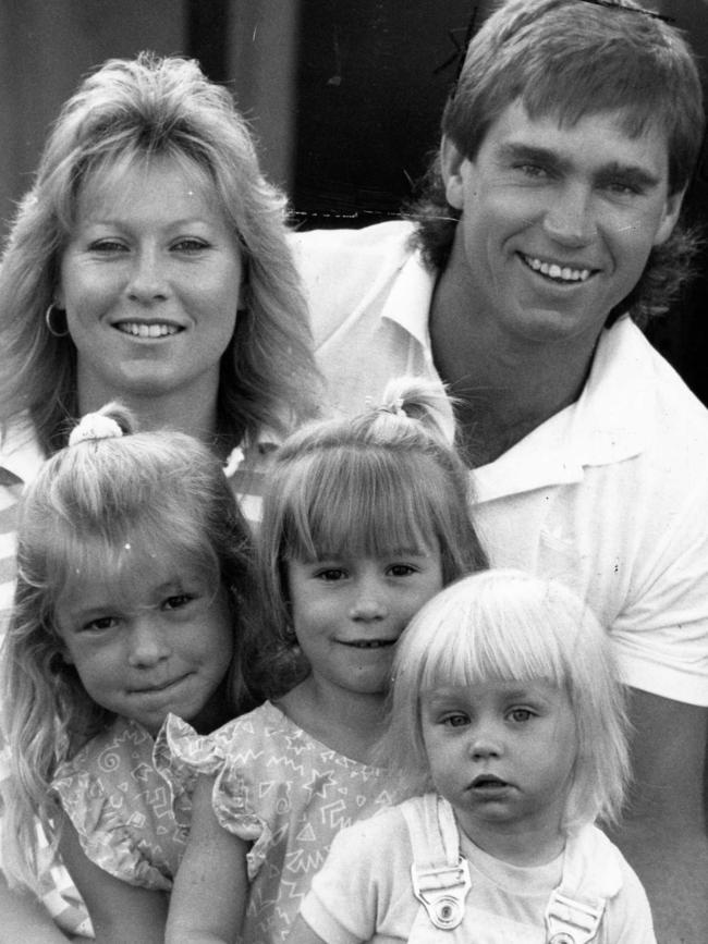 Footballer Greg Phillips with wife Julie and daughters (l-r) Rachel, 5, Amy, 4, and Erin, 21 months old, in 1987. Picture: Ray Titus