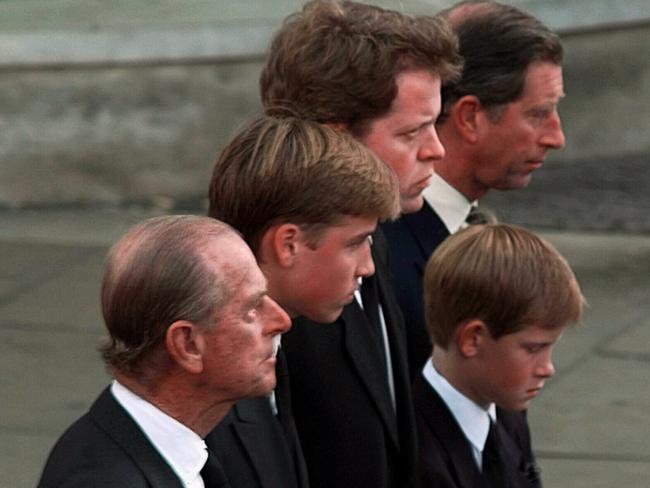 Prince Philip with Prince William, Earl Spencer, Prince Henry (Harry) and Prince Charles walking at Princess Diana’s funeral. Picture: AP