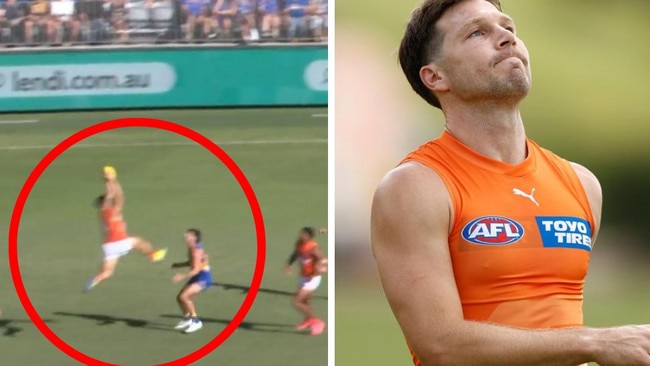 Toby Greene takes a mark with his leg raised. Photos: Fox Sports/Getty Images