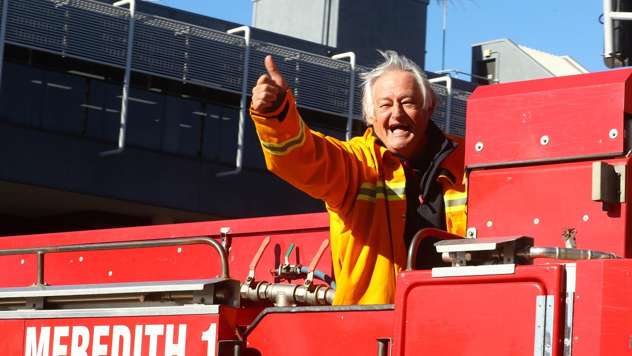 CFA volunteer firefighter Adrian Mohr on the Meredith truck cruising the streets of Geelong to protest the fire levy. Picture: Alison Wynd