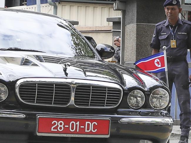 The car of ambassador of North Korea to Malaysia leaves the forensic department at the hospital in Kuala Lumpur, where Kim Jong-nam’s body was taken. Picture: Vincent Thian/AP