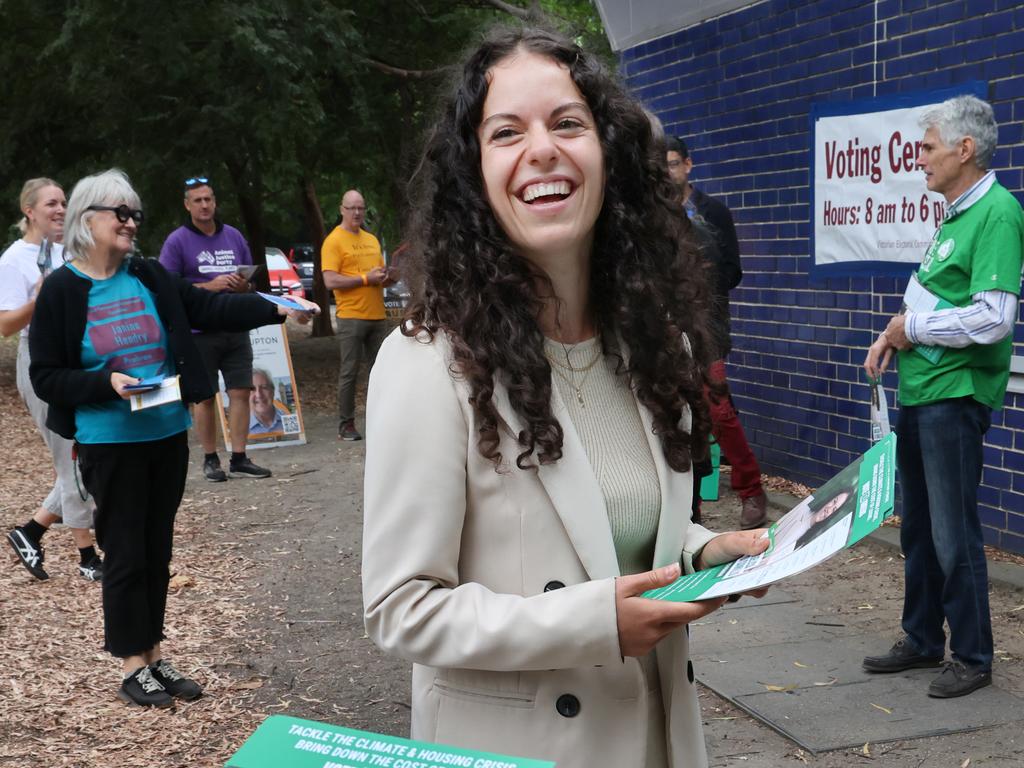 Greens candidate, Angelica Di Camillo at a booth at Grattan Gardens Community centre for the Prahran by-election. Picture: David Crosling