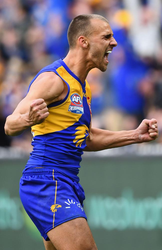 Dom Sheed of the Eagles celebrates kicking the winning goal in the 2018 AFL grand final. Picture: Quinn Rooney/Getty Images