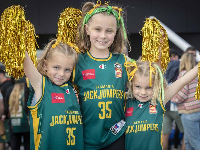 Mabel 6, Ivy 8 and Elsie Parker of Hobart at the JackJumpers grand final series against the Sydney Kings in 2022. Picture: Chris Kidd