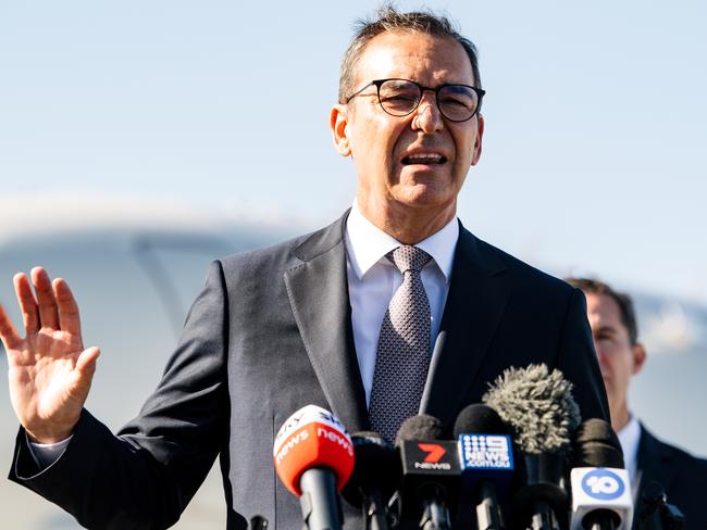 Premier of South Australia Steven Marshall speaks at a press conference at the RAAF base in Edinburgh in Adelaide, Saturday, February 19, 2022. (The Advertiser/ Morgan Sette)