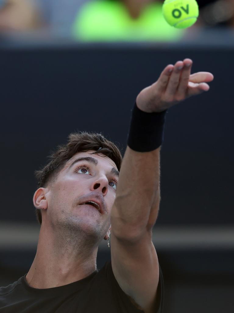 Kokkinakis serves during his straight sets exit. Picture: David Caird