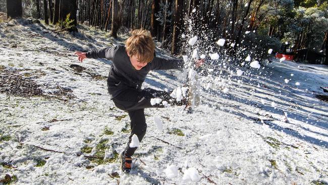 Finn Bamford, 6, having fun one of the last times Mt Macedon saw snow. Picture: Jay Town