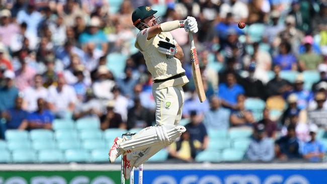 Travis Head defends a short ball at The Oval. Picture: AFP.