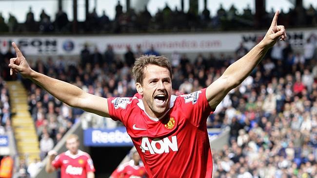 Brown Panther's owner Michael Owen celebrates after scoring for former club Manchester United. 