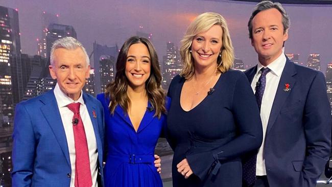 Gelmi (second left) with Channel 7 presenters Bruce McAvaney, Jo Griggs and Hamish McLachlan. Photo: Instagram