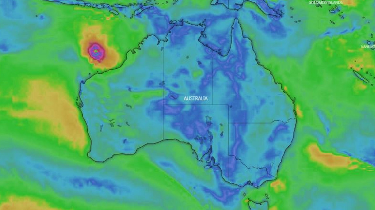 Tropical Cyclone Claudia is now heading out into the Indian Ocean, but not before it led to record breaking downpours near Darwin. Picture: Windy