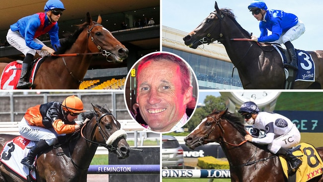 Damien Oliver likes Arapaho (top left) in Saturday's Zipping Classic, along with Pisces (top right) in the Sandown Guineas plus Maharba (bottom left) and Overpass in the Winterbottom Stakes.