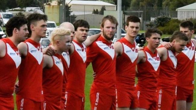 South Gambier Football Club players stand together before the 2020 Limestone Coast Football League grand final. Picture: Supplied