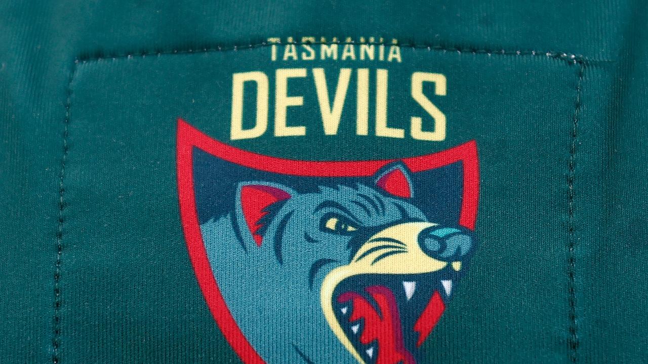 HOBART, AUSTRALIA - MAY 03: The Tasmania Devils logo is seen during the AFL Tasmanian Team Announcement at North Hobart Oval on May 03, 2023 in Hobart, Australia. (Photo by Michael Willson/AFL Photos via Getty Images)