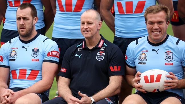 SYDNEY, AUSTRALIA - JULY 08:  (L-R) Isaah Yeo of the Blues, Blues head coach Michael Maguire and Jake Trbojevic of the Blues pose during a NSW Blues State of Origin media opportunity at NSWRL Centre of Excellence on July 08, 2024 in Sydney, Australia. (Photo by Matt King/Getty Images)