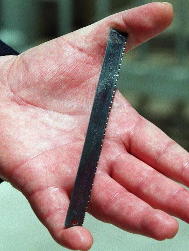 This hacksaw blade that was found hidden in a packet of biscuits in Ivan Milat’s cell.