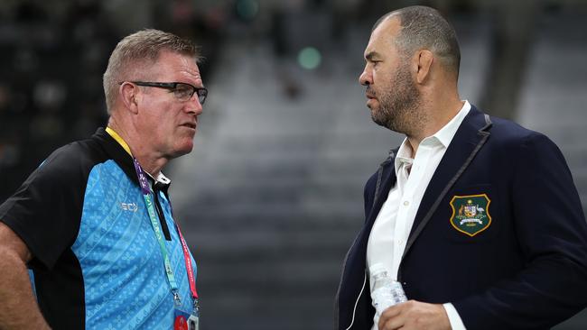 Fiji coach John McKee (left) has hit back at Wallaby coach Michael Cheika (right). Picture: Getty Images