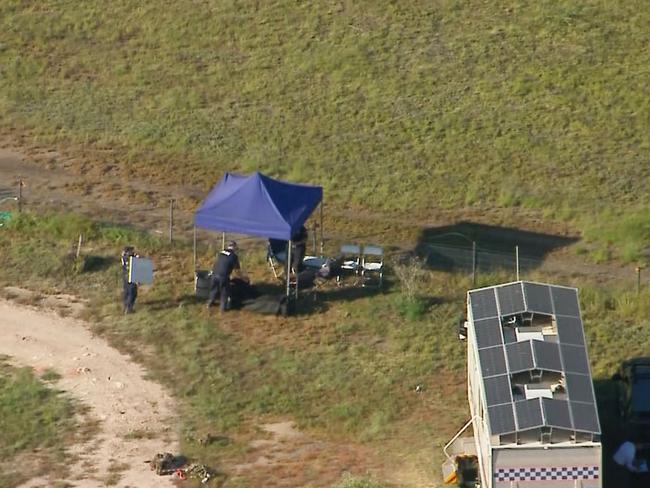 Aerial vision of the crime scene at Wieambilla, Queensland, on 14 December following the deaths of Constable Rachel McCrow, Constable Matthew Arnold, neighbour Alan Dare and killing trio Nathaniel Train, Gareth Train and Stacey Train. Source: 9 News.