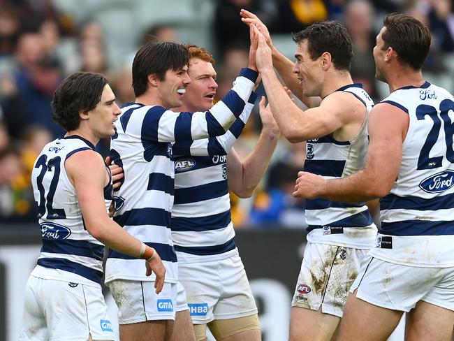 The Cats were keen to celebrate when they could. Picture: Quinn Rooney/Getty Images