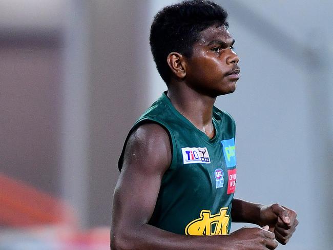 St.Mary's Maurice Rioli Jr takes to the oval during Friday nights game against the Wanderers in Darwin.Picture: Justin Kennedy