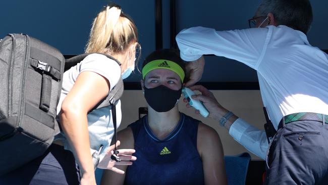 Karolina Muchova taking a medical timeout during her clash with Ash Barty. Picture: Michael Klein