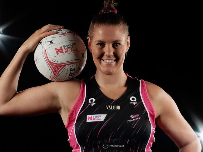 GOLD COAST, AUSTRALIA - FEBRUARY 23:  Lucy Austin poses during the Thunderbirds Super Netball 2023 headshots session at the Gold Coast Leisure Centre on February 23, 2023 in Gold Coast, Australia. (Photo by Matt King/Getty Images for Netball Australia