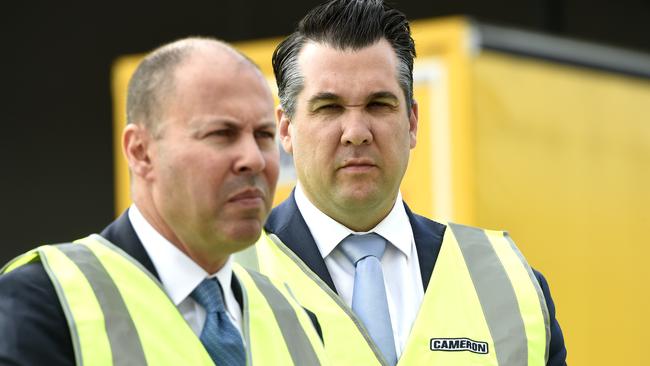 Treasurer Josh Frydenberg and Assistant Treasurer Michael Sukkar in Melbourne on Tuesday. Picture: Andrew Henshaw