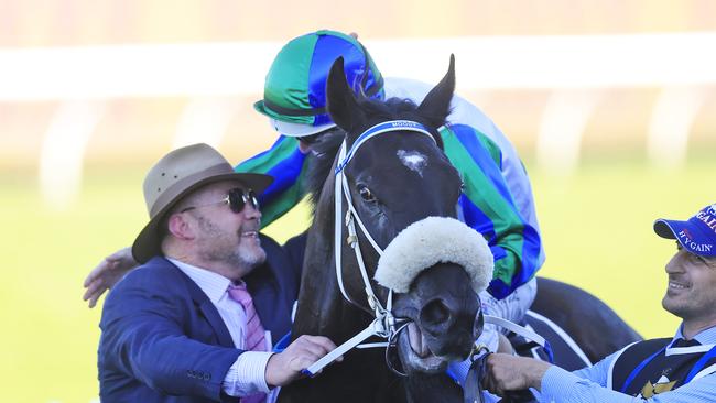 Luke Nolan on I Wish I Win greets trainer Peter Moody as he returns to scale after winning race 8 the XXXX Golden Eagle during Sydney Racing at Rosehill Gardens on October 29, 2022 in Sydney, Australia. (Photo by Mark Evans/Getty Images)