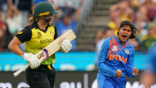 Radha Yadav removes Alyssa Healy. Picture: AAP