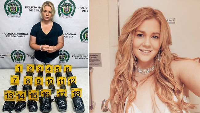 The picture left, supplied by Colombia's Antinarcotics Police press office, shows Australian Cassie Sainsbury after being arrested with 18 boxes of headphones. It has been reported Ms Sainsbury had been arrested with 15 boxes. Picture: AFP