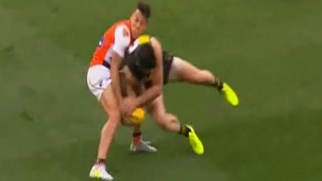 Trent Cotchin collects Dylan Shiel hit on Saturday. Picture: Channel 7