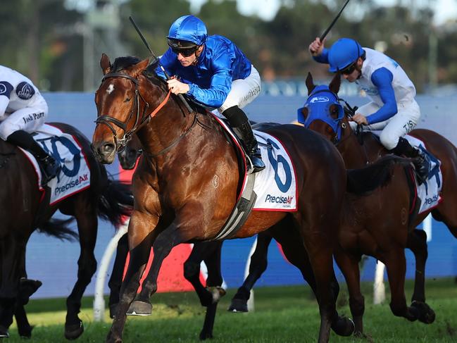 SYDNEY, AUSTRALIA - AUGUST 17: James McDonald riding Tom Kitten wins Race 8  Precise Air Handicap during "Rosebud Day" - Sydney Racing at Rosehill Gardens on August 17, 2024 in Sydney, Australia. (Photo by Jeremy Ng/Getty Images)