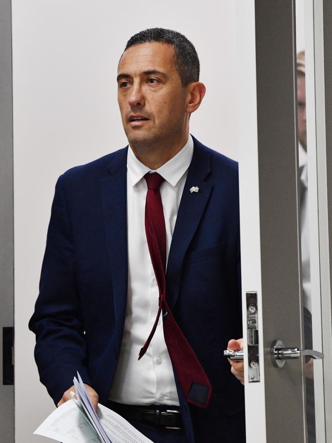 Treasurer Tom Koutsantonis arrives to outline Labor’s election costings to the media ahead of Saturday’s vote. Picture: AAP / David Mariuz