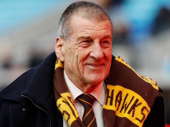 HOBART, AUSTRALIA - JULY 23: Jeff Kennett, President of the Hawthorn Football Club celebrates during the 2022 AFL Round 19 match between the North Melbourne Kangaroos and the Hawthorn Hawks at Blundstone Arena on July 23, 2022 in Hobart, Australia. (Photo by Dylan Burns/AFL Photos via Getty Images)