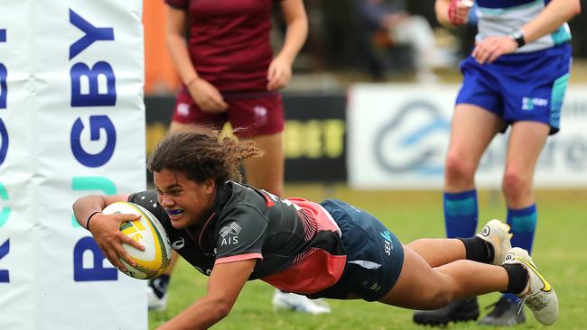 Dominika Baleinagasau of the Barbarians scores a try during the 15s Youth Girls Queensland and Barbarians during a Rugby 7s Series on Sunday, December 4, 2022 at Forshaw Park, Sylvania, Australia. (Photo by Jeremy Ng/Daily Telegraph News Local)