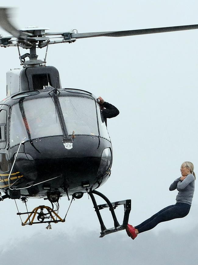 Roxy Jacenko jumps out of a chopper on SAS Australia. Picture: Nigel Wright.