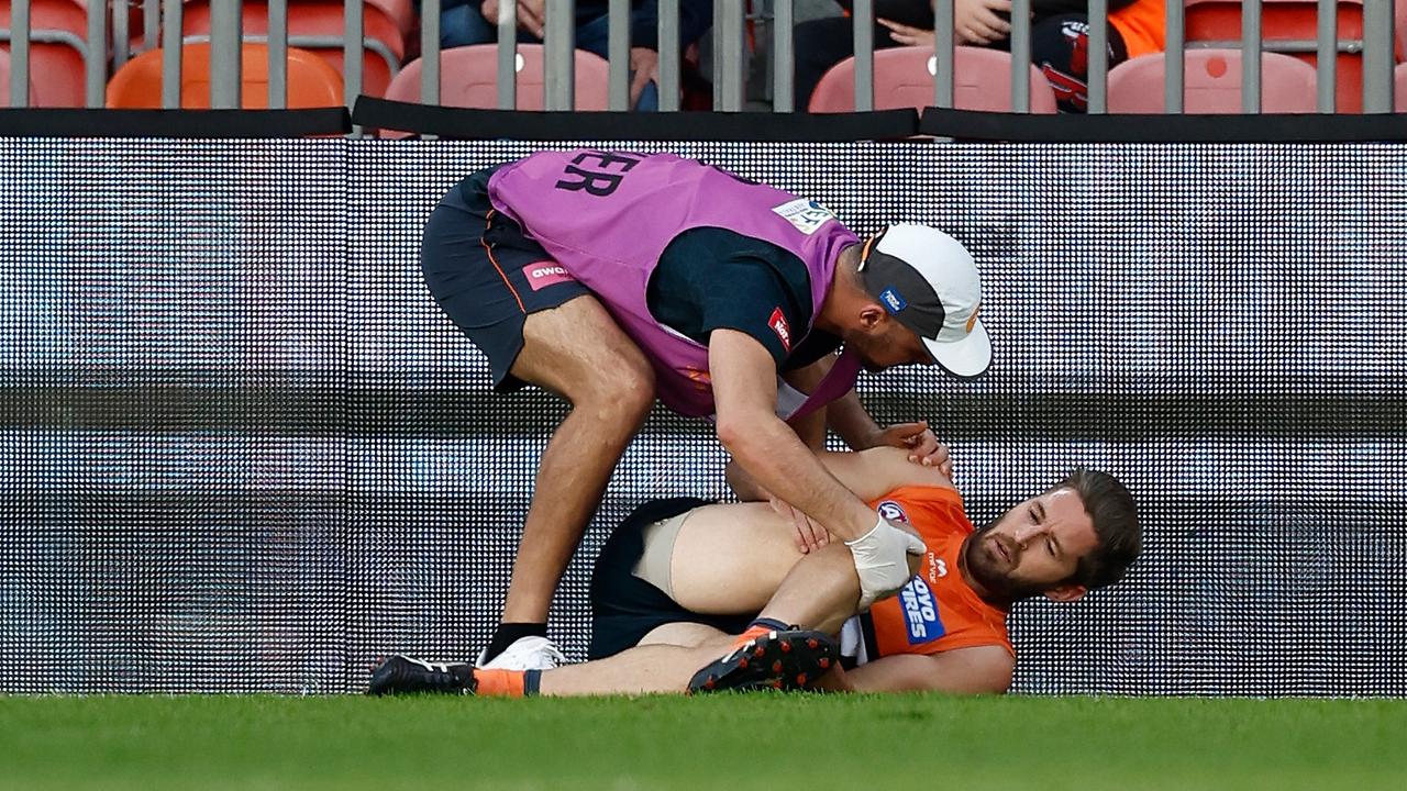 Ward in the hands of trainers. (Photo by Michael Willson/AFL Photos via Getty Images)